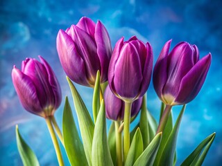 Naklejka premium Stunning Purple Tulips with Long Buds, Blue Studio Background - Spring Floral Photography