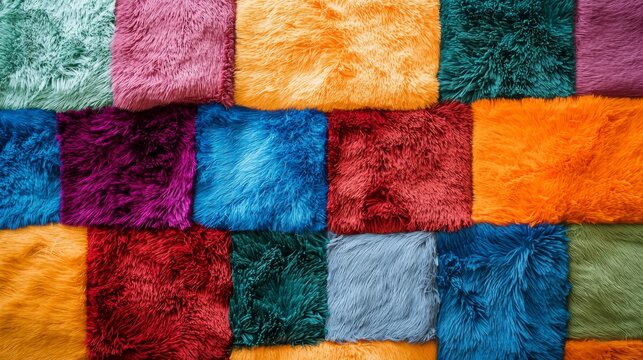 A patchwork quilt of colorful furs in squares. Colorful patchwork quilt in a fun and cute pattern.
