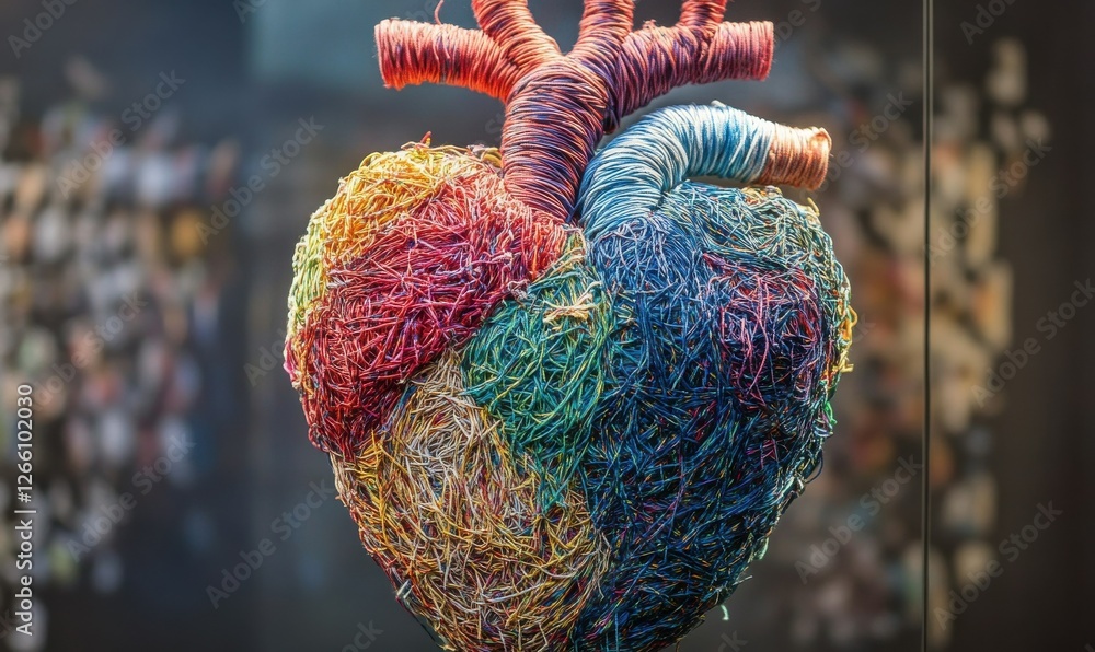 Poster an artistic portrayal of a human heart crafted from multicolored threads, each thread signifying dif