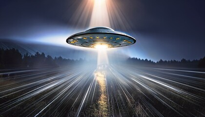 Obraz premium creative image of light beam from flying UFO alien spaceship flying