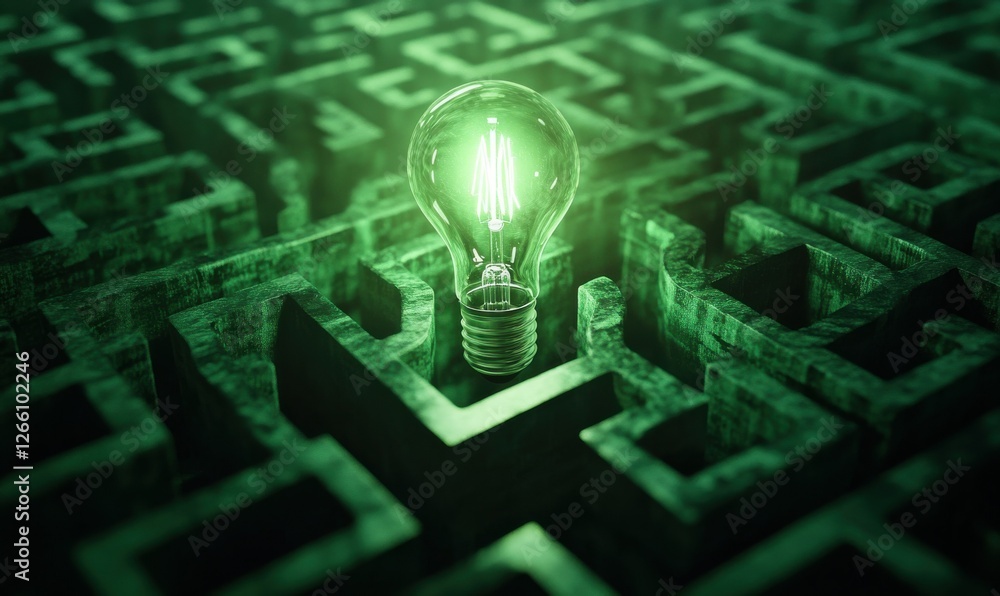 Poster abstract glowing maze with a light bulb at its center, deep green tones blending into a mysterious c