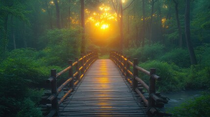 Misty forest sunrise wooden bridge