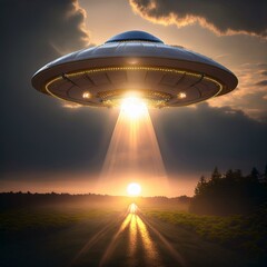 creative image of light beam from flying UFO alien spaceship flying