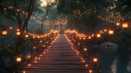Wooden bridge through enchanted forest at dusk