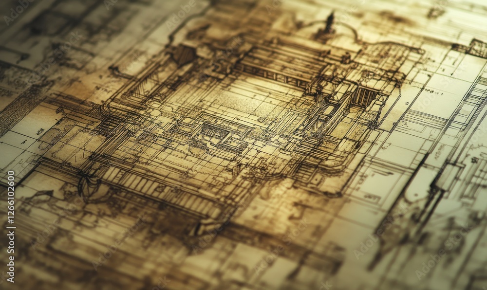 Poster an intricate close-up view of a blueprint revealing the architectural blueprint for a building, idea