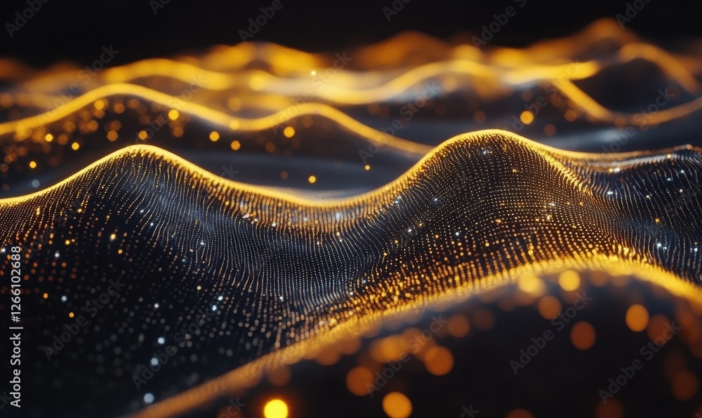 Poster abstract golden particles glowing in dark space, soft reflections creating depth and contrast, festi