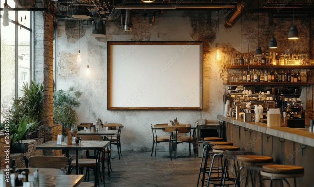 Poster an oversized, empty picture frame mockup displayed in a cafe with a rustic industrial design.