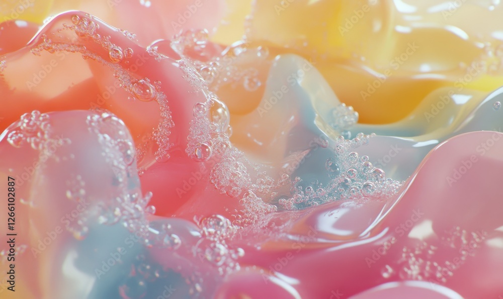 Poster abstract macro shot of colorful bubbles in a liquid, soft pastel tones and clean glossy textures cre