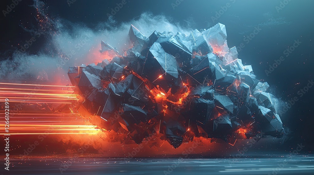 Poster dynamic interaction of glowing rocks and energy trails in a futuristic environment