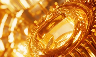Abstract image of golden gears turning, sharp metallic reflections with warm light, intricate mechanical design evoking precisio