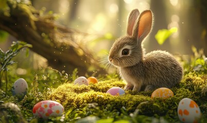 Bunny burrow decorated with tiny painted eggs and soft moss, illuminated by warm sunlight.