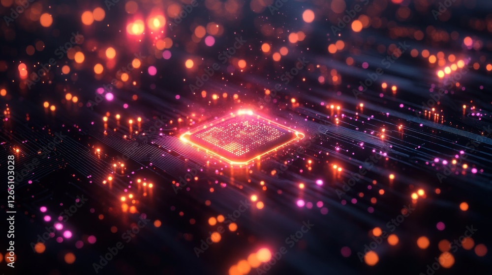 Poster high-tech cpu chip glowing on circuit board, abstract background