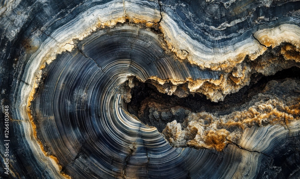 Poster an up-close image of a tree trunk's cross-section, showcasing concentric rings and a fractured surfa