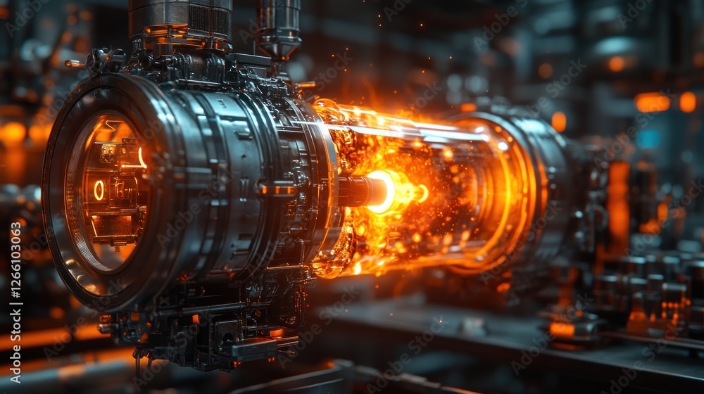 Poster futuristic engine glowing intensely in a high-tech factory setting