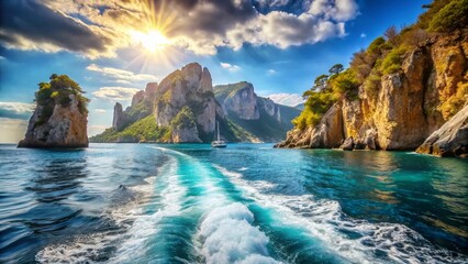 Obraz premium Stunning View of the Italian Islands Approaching Capri: Turquoise Waters and Dramatic Coastline