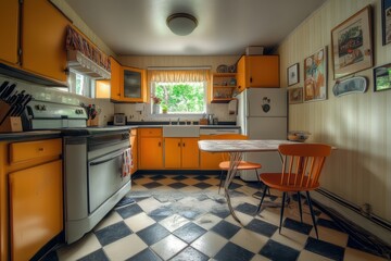 Retro kitchen with orange cabinets and checkered floor
