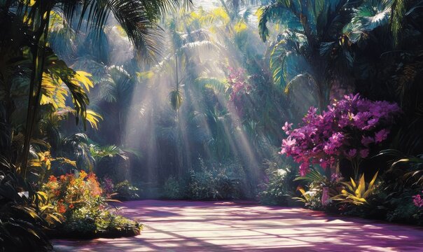 Charming purple stage in a rich tropical garden, kissed by sunlight rays.