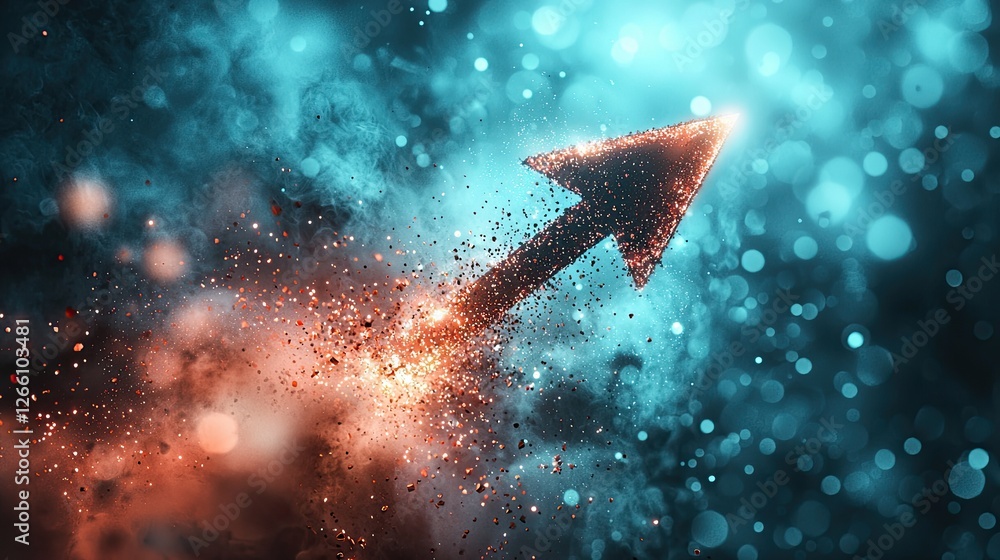 Poster digital arrow pointing upward through colorful particles and light effects in a vibrant abstract bac
