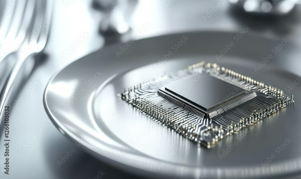 Aufkleber close-up of an isolated cpu chip resting on a sleek metallic surface, intricate circuit lines glowin