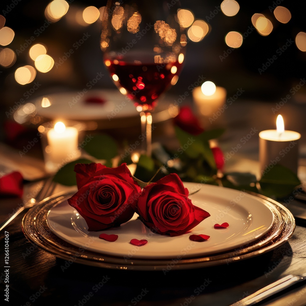 Poster Romantic dinner setting with candles and roses creating a cozy atmosphere for a special occasion in the evening. Generative AI