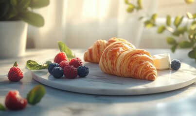 Crisp golden croissants served on a marble platter, with fresh berries and a dollop of butter, surrounded by soft morning light.