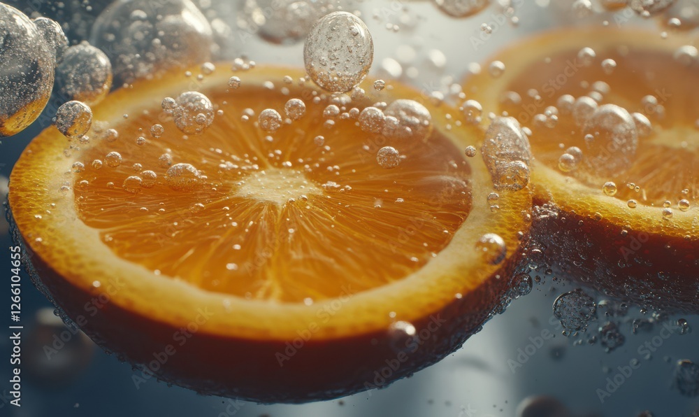 Poster fresh orange slices submerged in sparkling water with bubbles clinging to their surface, creating a 