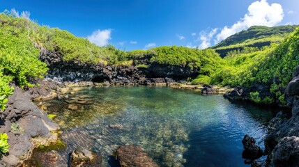 Fototapeta premium Crystal-clear water shimmers under the midday sun in a secluded lagoon encircled by vibrant green cliffs and rocky formations