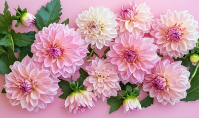 Dahlia flowers in full bloom on a pastel table, with copy space for your message, in a flat style top view. Suitable for birthday or Mother's Day greetings