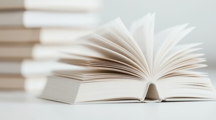 Fototapeta premium Open book, pages fanned, book stack background; education, reading