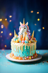 Cute and colorful unicorn birthday cake
