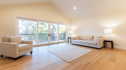 Fototapeta premium Modern living room with large windows, minimalistic furniture, and serene outdoor view