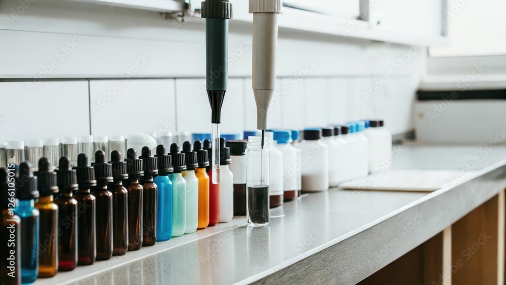 Aufkleber an array of colorful reagent bottles sits neatly on a lab bench with a hightech digital pipette pois
