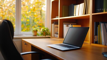 Cozy home office with a laptop on a wooden desk, surrounded by bookshelves and autumn scenery