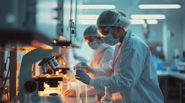 Advanced scientific lab, two researchers analyzing chemicals in a flask, discussing findings, medical research, biotechnology, molecular biology - Powered by Adobe
