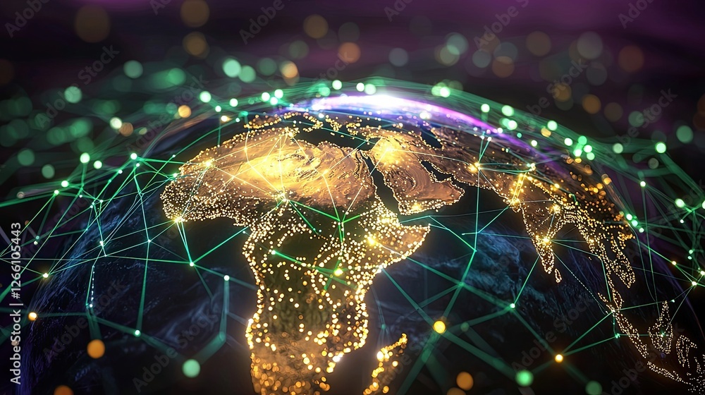 Aufkleber detailed digital rendering of a connected global network highlighting africa at night with glowing l