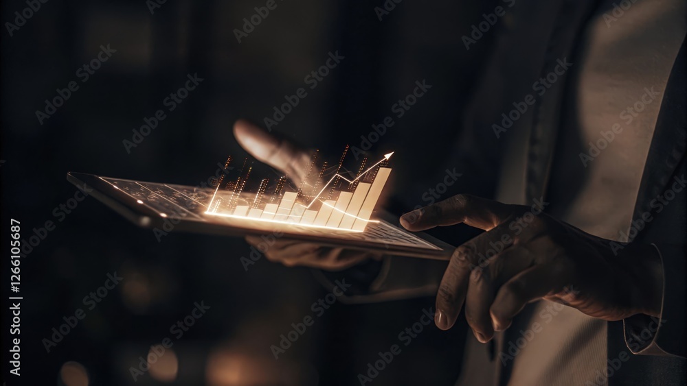 Poster a closeup of a hand swiping through a holographic interface that displays financial forecasts with g