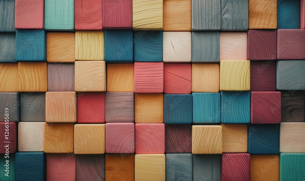 Aufkleber array of colorful wooden blocks arranged in geometric patterns, symbolizing creativity and playful d