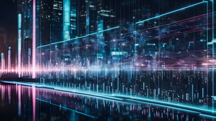 Fototapeta premium Abstract futuristic cityscape with glowing data streams and digital lines overlaid, reflecting on a dark, glassy surface.