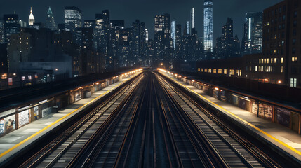 Obraz premium Aerial view of urban train station with symmetrical platforms and glowing tracks