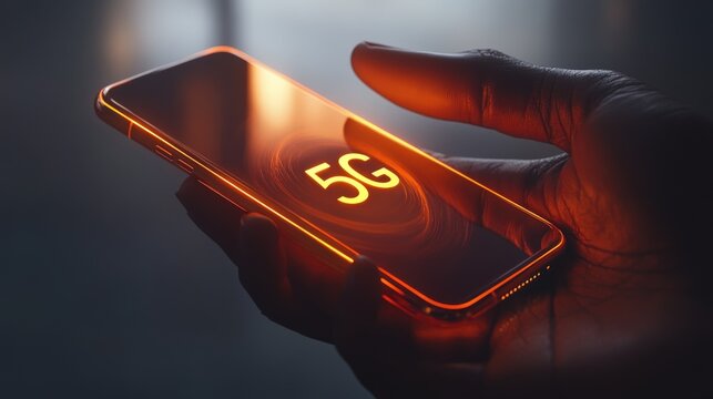 Smartphone displaying glowing 5G projection with dynamic light patterns