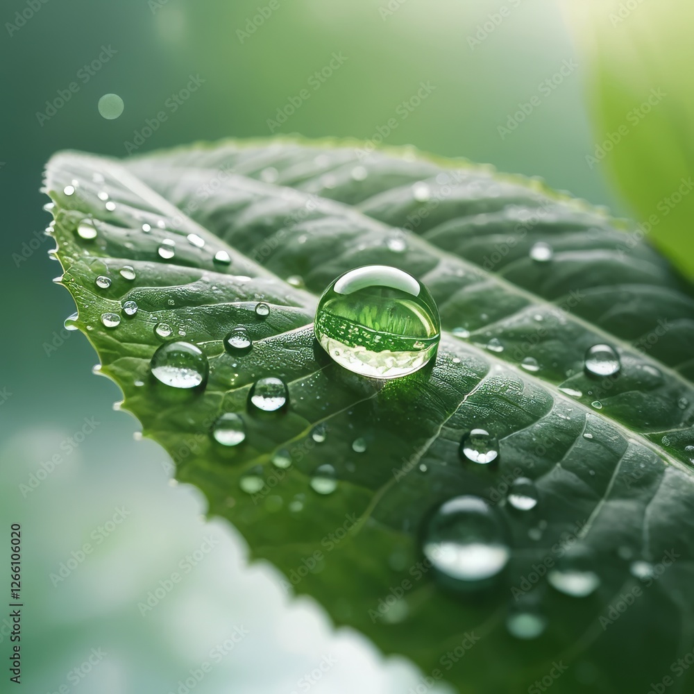 Poster delicate dew drop on green leaf with soft light and blurred natural background generative ai