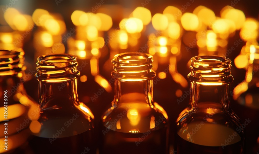 Poster artistic macro shot of amber glass bottles glowing under soft warm light, creating a luxurious produ