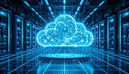 Cloud computing digital network futuristic server room with glowing blue cloud icon representing data storage technology cybersecurity online business and modern digital security
