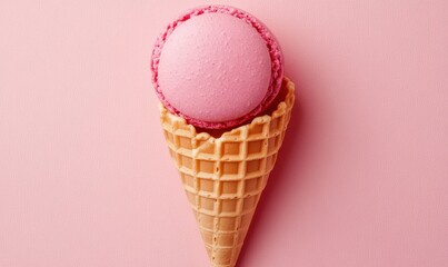 Flat lay view of a sweet waffle cone with a macaron or macaroon, against a pink pastel background. Top-down composition.