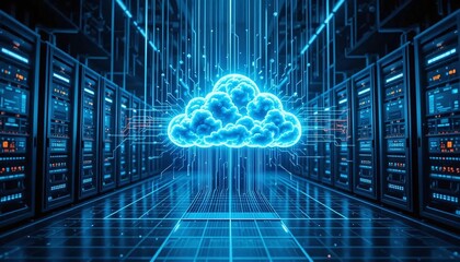 Artificial intelligence futuristic server room with glowing neon blue cloud computing icon representing data management security and modern online business infrastructure