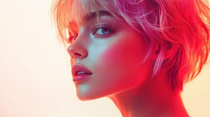 Obraz premium High-fashion poster showcasing a woman with a pastel pink pixie cut on a white background