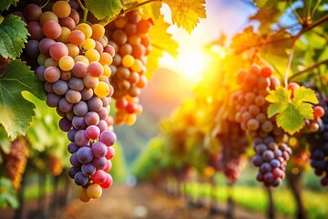 Naklejka premium Sun-Drenched Vineyard: Lush Wine Grapes Hanging on the Vine