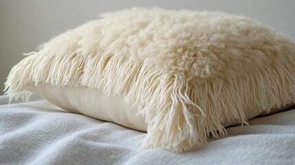 Macro view of a fluffy pastel cream pillow with soft fringes on a white background