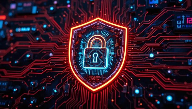 Cybersecurity digital data protection concept with glowing red shield and secure padlock symbol representing online safety firewall encryption and internet privacy technology