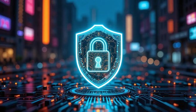 Futuristic cyber security technology with glowing blue padlock on a digital network background representing data protection encryption privacy and online safety